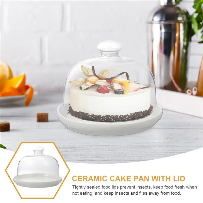 

1 Set Durable Ceramic Picture With Glass Lid for Dessert Cake Food Displaying