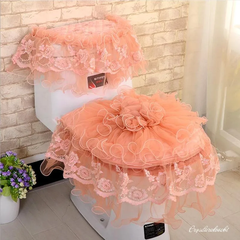 

Bathroom Zipper 3-piece Set Orange Lace Toilet Seat Cover Beautiful Warmer Pad Toilet Mat Washable Cloth Toilet Seat Cover Mat