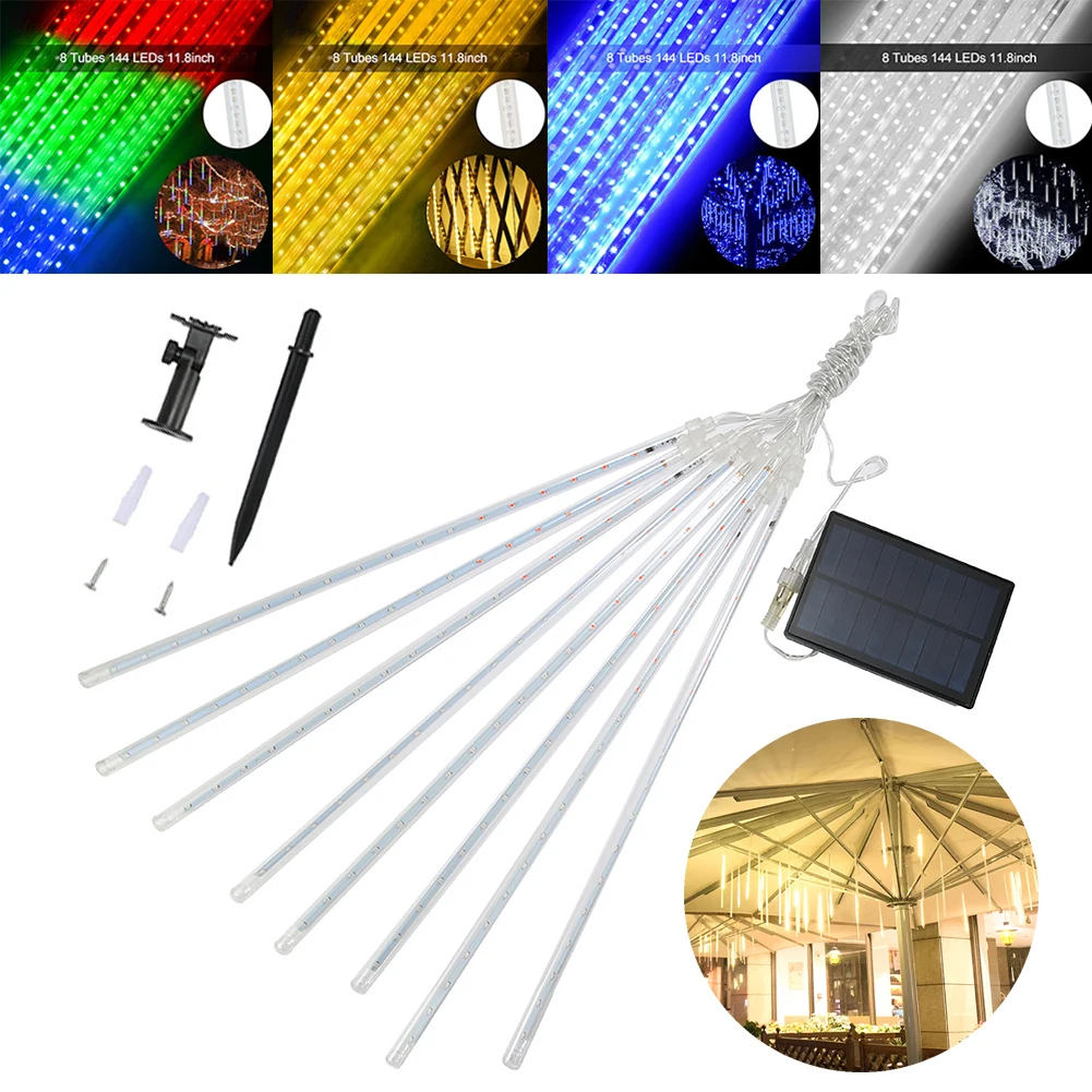 

Solar LED Meteor Shower Lights Holiday String Light Waterproof Outdoor 144Leds 8 Tubes Street Fairy Garden Christmas Decoration