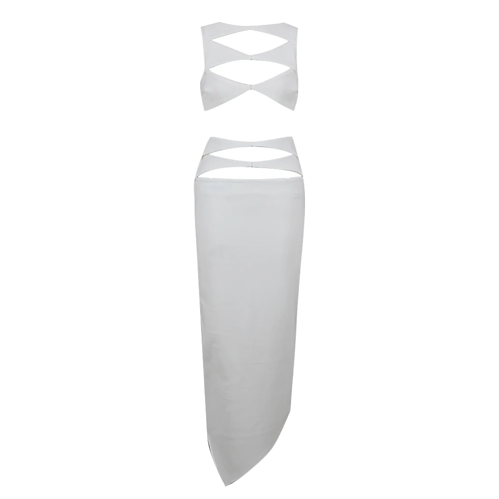 

New Women White Black Sleeveless Hollow Out Top Skirt 2 Two Pieces 2023 Clothing Club Bandage Elegant Party Sexy Evening Sets