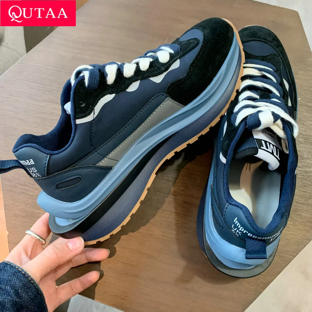 

QUTAA 2022 Platform Cow Leather Casual Women Sneakers Spring Mixed Color Round Toe Lace Up Fashion Ladies Shoes Size 35-39