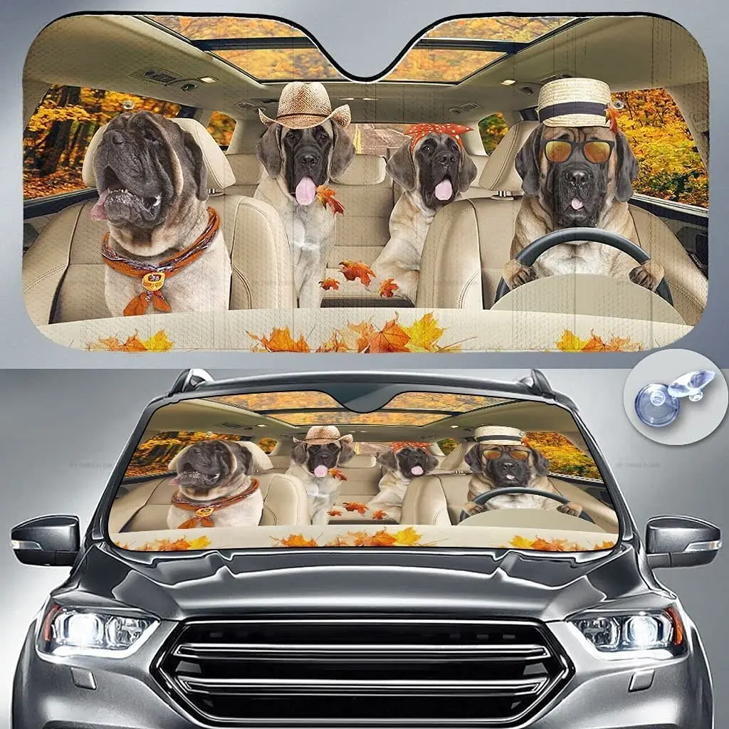 

Funny English Mastiff Family Driving On Autumn Leaves Car Sunshade Windshield Window, Gift for Dog Lover, Car Windshield Durable