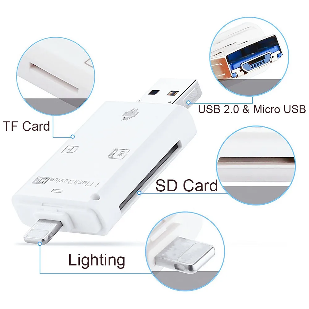 Устройство для чтения карт памяти USB Lightning, OTG, флеш-накопитель, microSD, TF, адаптер для карт памяти для iPhone 5, 6, 7, 8, X, S6, S7
