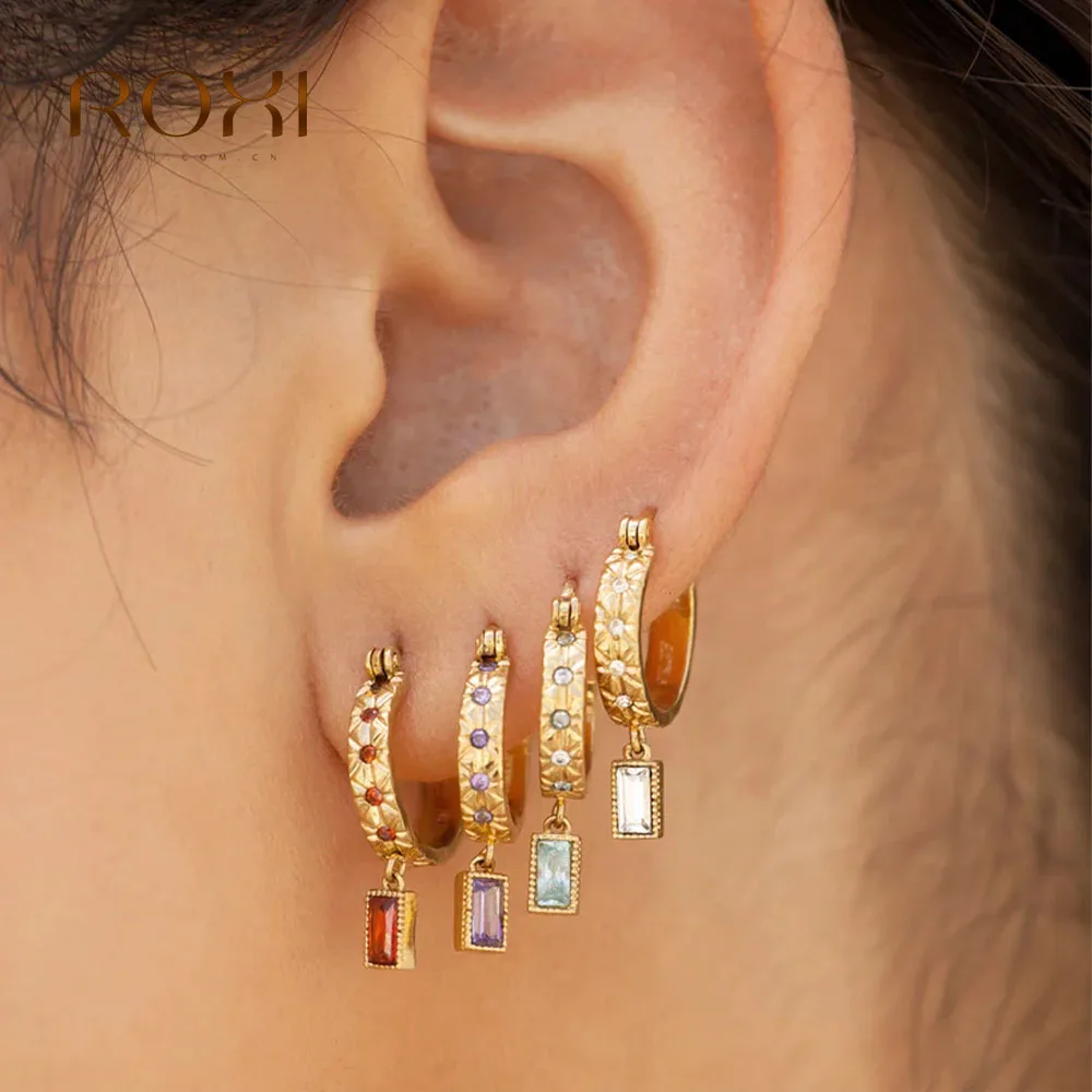 

ROXI S925 Sterling Silver Rainbow Zircon Rectangular Pendant Earrings For Women Luxury Dangle 10mm Ear Buckle Pendientes Mujer