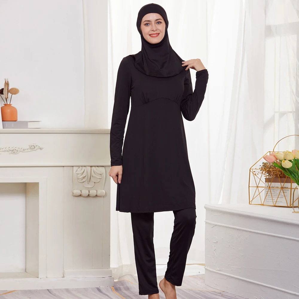 3PCS Muslim Swimwear For Women Long Sleeve Swimsuit Muslimah Swimming Burkini Turban Pants Maillots De Bains Musulmans Femme
