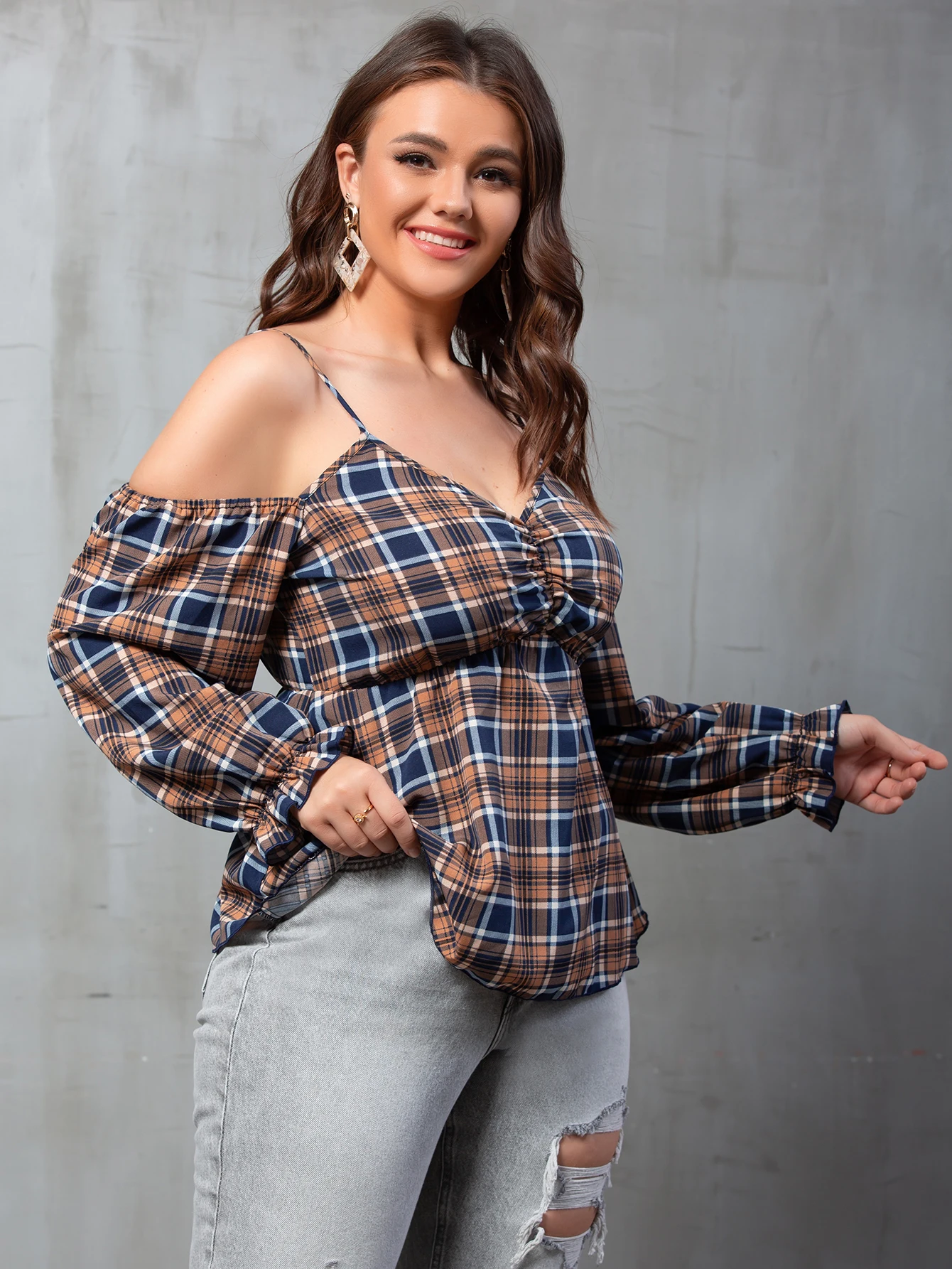 

Plus Size Checked Off Shoulder Tops Long Sleeve Woman 2022 Fall Peplum Blouses Casual Elegant Oversized 4XL T Shirts