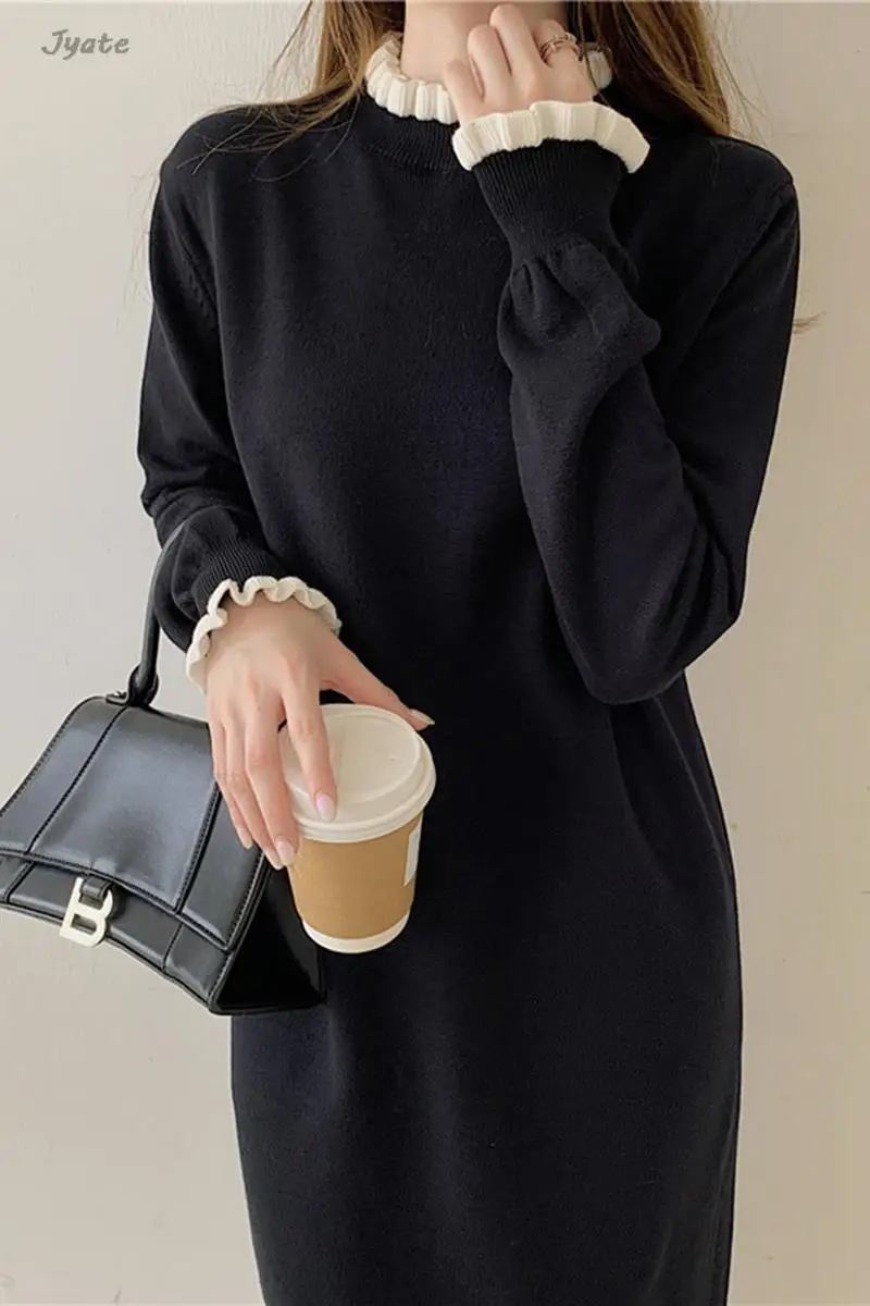 

2023 New Korean Fashion Knit Long Dress With Wooden Ear Edge Solid Color Elegant Straight Vestidos Autumn Winter Women Dresses