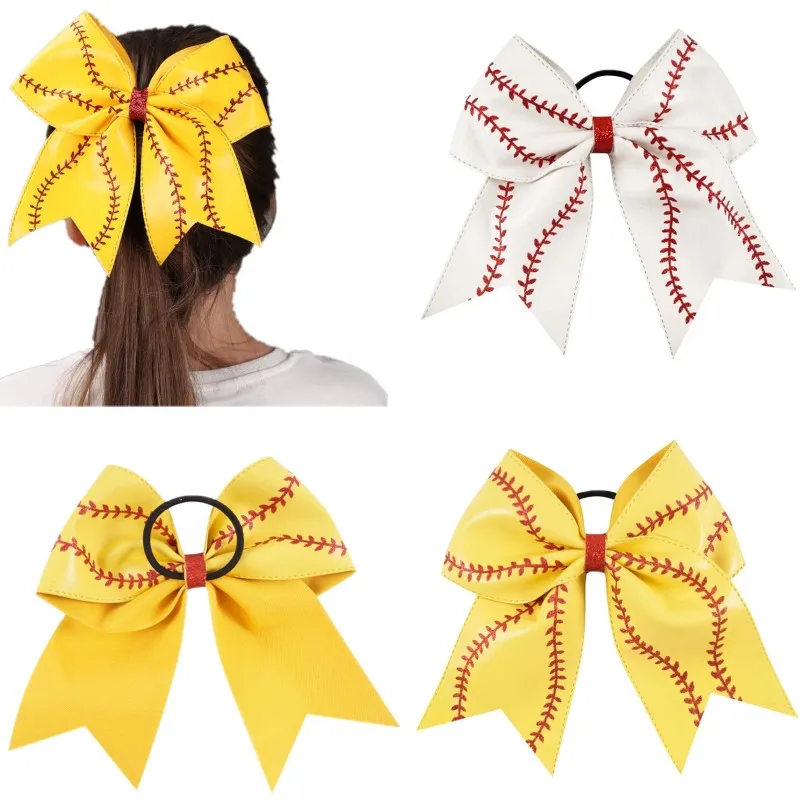 

7" PU Leather Cheer Bows Hair Ties Elastic Hair Bands Softball Pattern Hairbands For School Kids Girls Sports Hair Accessories