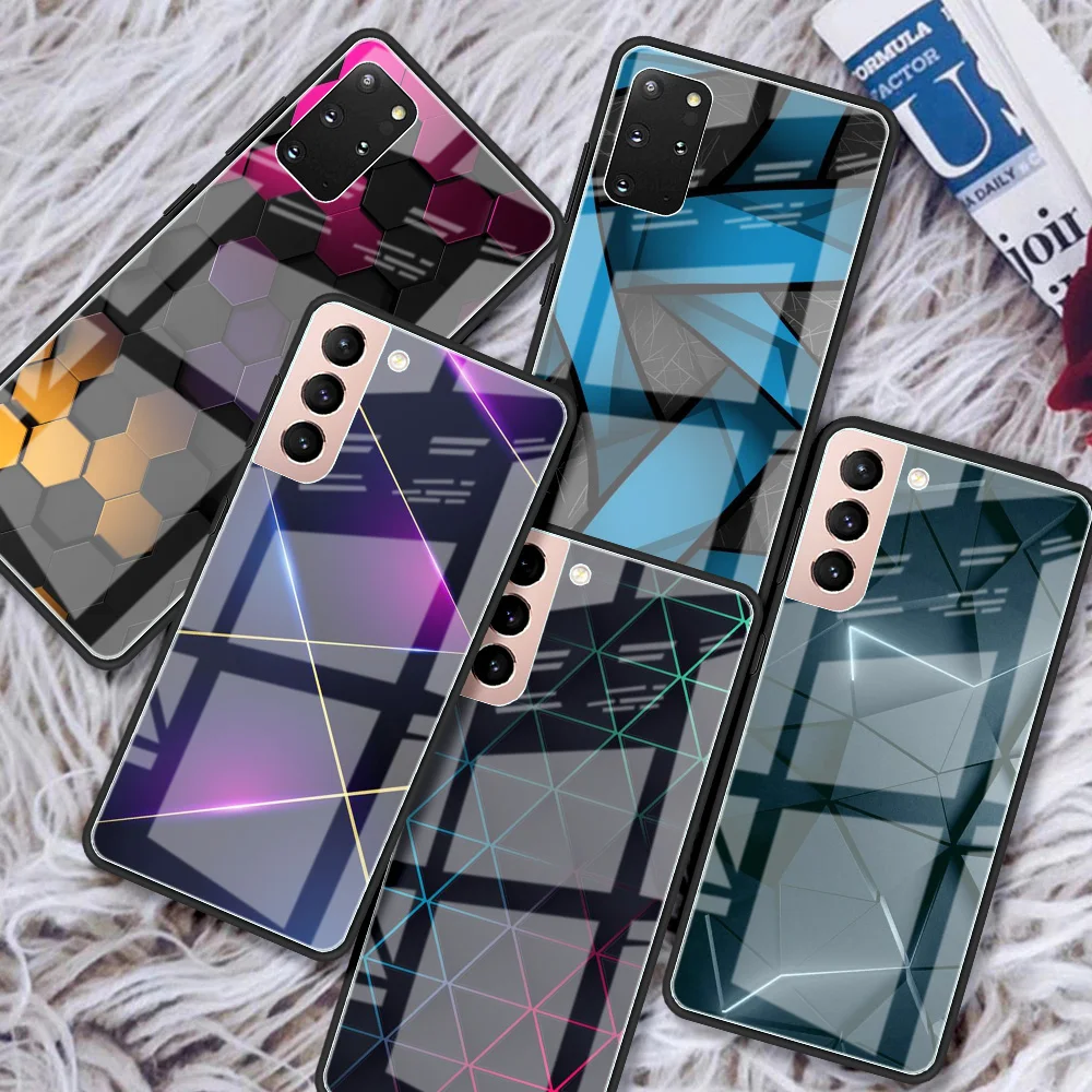 

Geometric Metal Laser Glass Case For Samsung Galaxy S22 S20 FE S21 5G S10 S9 Plus Note 10 20 Lite Tempered Phone Cover