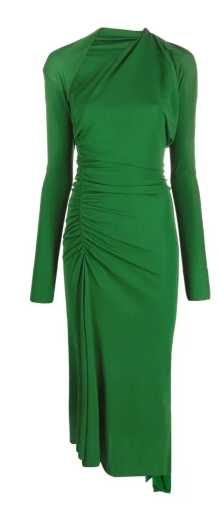 

Verngo Green Stretch Satin Evening Dresses Long Sleeves Pleats Tea Length Lady Formal Prom Party Dress Cocktail Gown