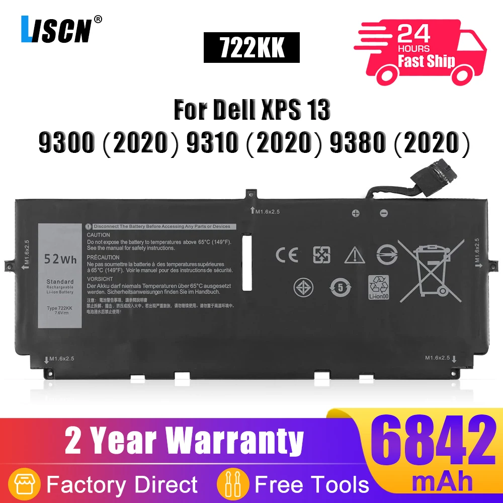 LISCN 7 6 В 52 Втч 722KK Аккумулятор для ноутбука DELL XPS 13 9300 9310 9380 (2020) P117G P117G001 P117G002 2XXFW FP86V