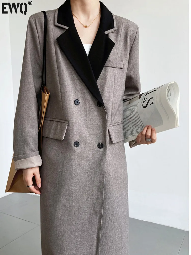 

[EWQ] Long Sleeve High Quality Long Coat Women's Suits Contrasting Colors Single Breasted Loose Overcoats 2023 Autumn 16Y361