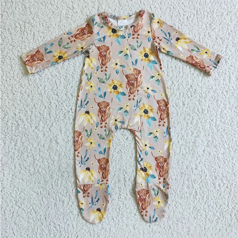 

Boutique new baby romper highland cow floral baby footed zip coverall newborn jumpsuits baby girls and boys clothes