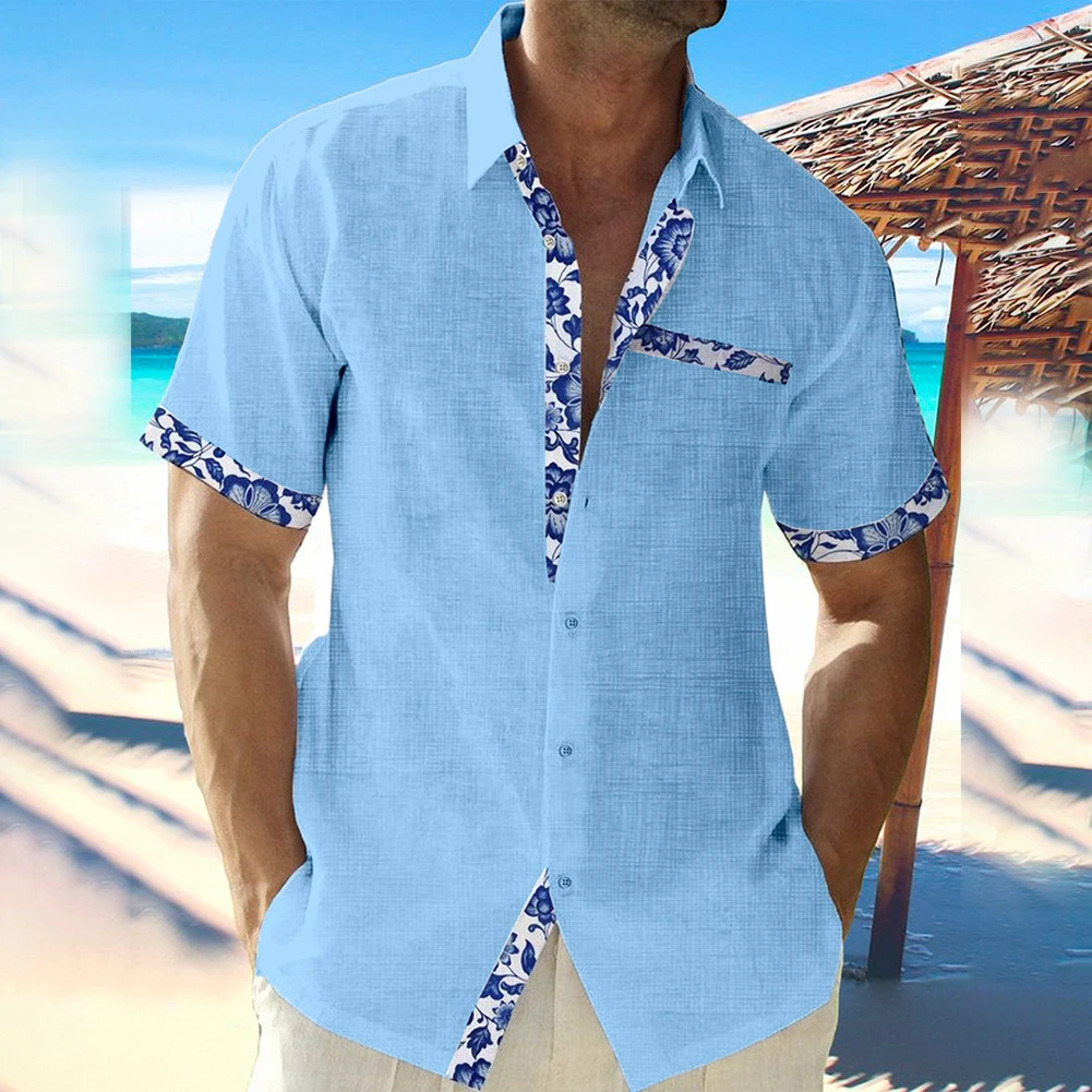 2023 Summer Fashion Men's Hawaiian Linen Shirt Men's Casual Lace Printed Beach Pocket Short Sleeve Plus Size Button Down Tee Top