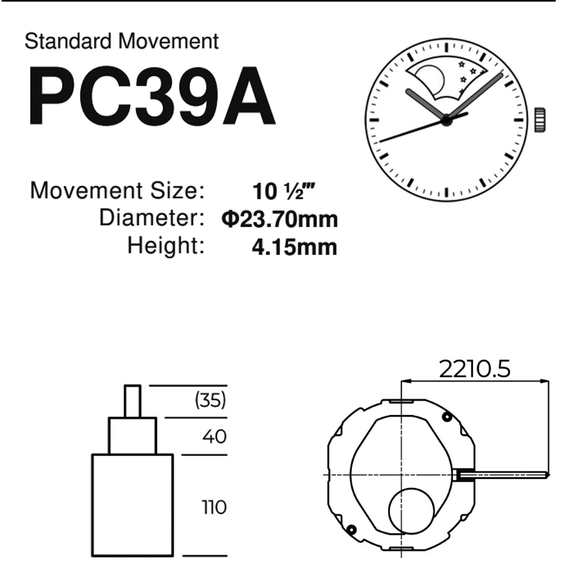 PC39 MOVEMENT TMI PC39A MOVEMENT 10½‴  Ligne Quartz Movment Three Hands with Sun ＆ Moon Disk japan movement time module movement
