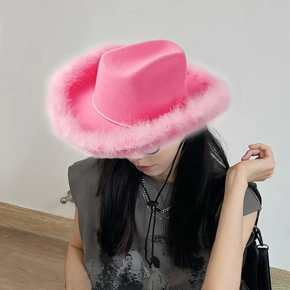 

Розовая Женская Ковбойская шляпа яркого цвета, элегантная потрясающая декоративная марлевая шляпа с полями и перьями, дизайнерская женская шляпа-ковбойская, реквизит для фотосъемки