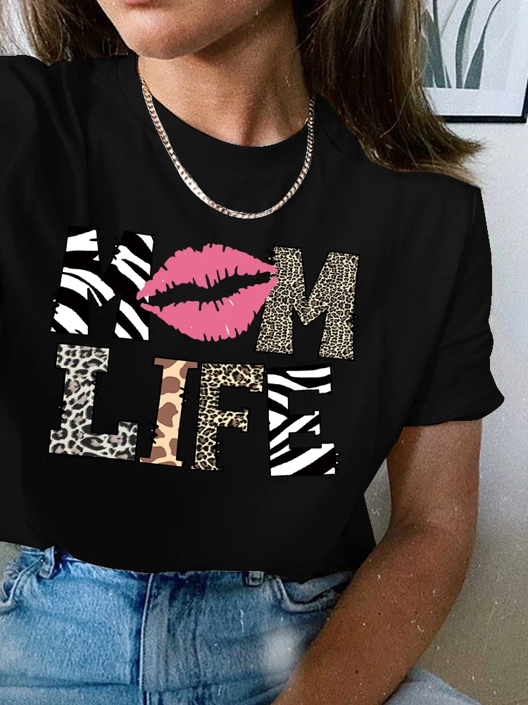 

Women T Shirt Graphic T Top Mom Life Leopard Print Fashion Cartoon Short Sleeve Summer Clothes Shirt Print T-Shirts Female Tee