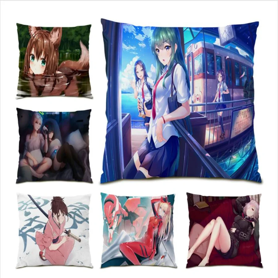 

Decoration Home Pillow Cover Japanese Living Room Decoration 45x45 Velvet Square Anime Pillowcase Beautiful Girl Bed Cute E0928