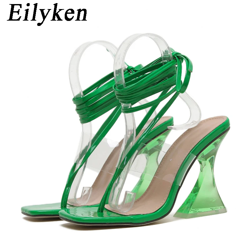 

Eilyken 2022 New Sandals For Women Trendy Square Toe Lace-Up Strange High Heels PVC Transparent Thong Party Shoes