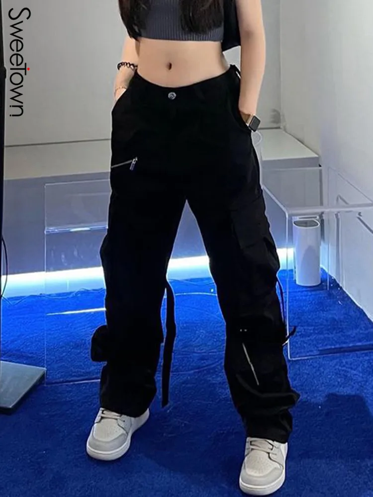

Sweetown Zipper Fashion Korean Trousers Women Black Pockets Stitch Goth Streetwear Cargo Pants Green Woven Straight Leg Joggers
