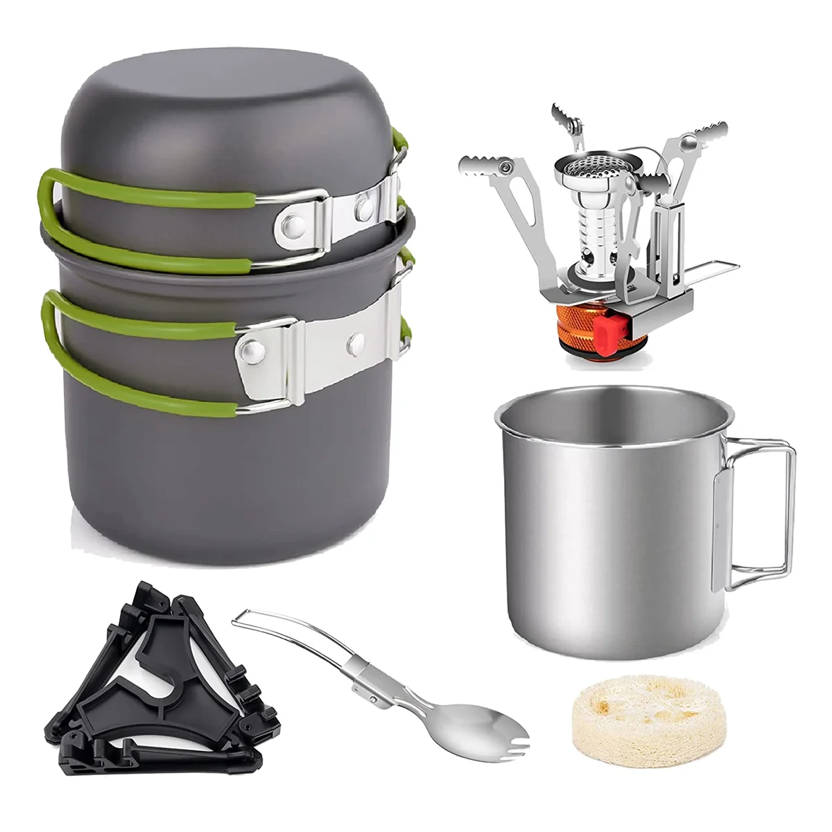 

Camping Pot and Pan Set with Mini Backpacking Stove Cooking Gear for Outdoor Hiking Campfire Green