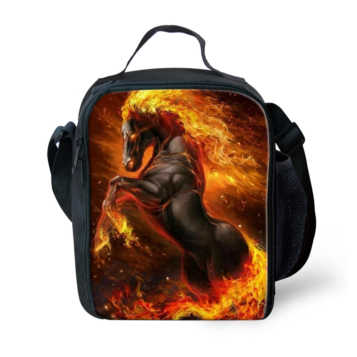 

Cartoon Crossbody Fire Crazy Horse Lunchbox Thermal insulation Food Lunch Bag 3D Printed Picnic Insulated Handbags Ice Bags