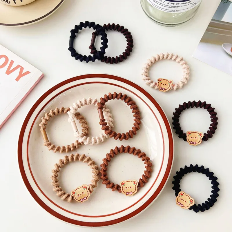 

Korean Cloth Simple Beige Basic High Elastic Hair Band Sweet Cute Kawaii Bear Durable Rubber Ties Rope For Girl Woman Headdress