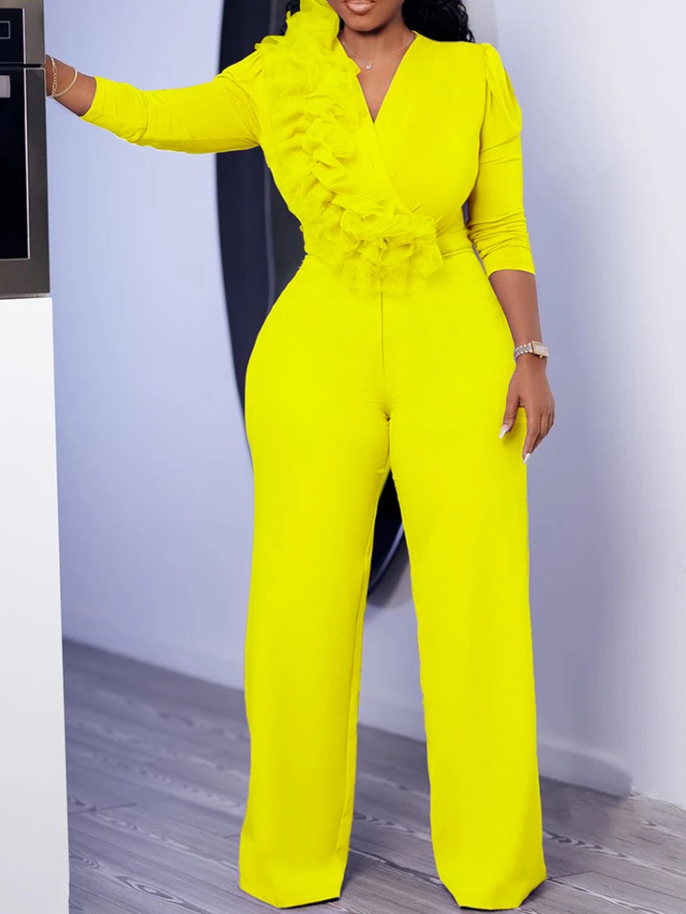 

Elegant Women Dressy Jumpsuit Long Sleeve V Neck Ruffled Wide Leg 1 Piece Outfits Club Party Event Evening Rompers Big Size 3XL