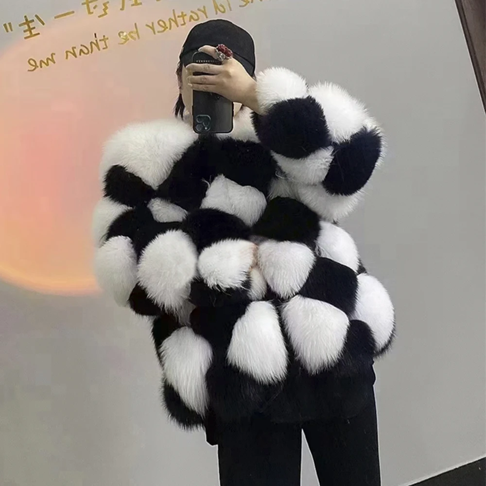 Enlarge New Winter Real Fox Fur Coat Plaid Checkerboard Pattern Luxury Overcoat For Ladies Natural Fur Jacket Thick Warm Streetwear