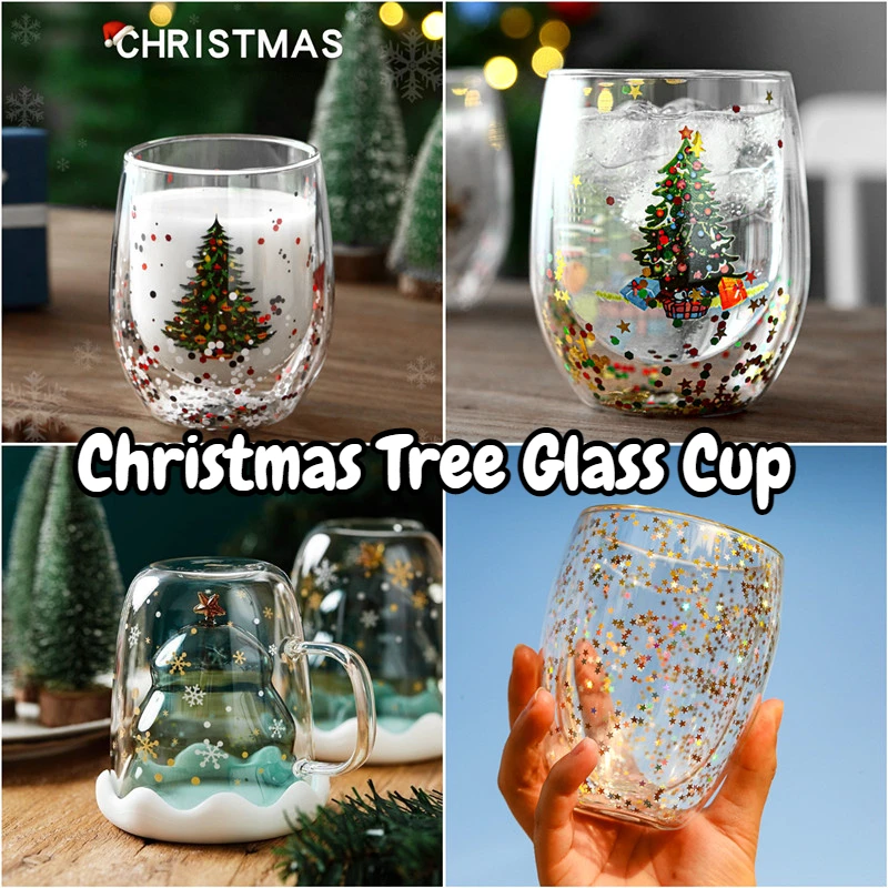 300ml Creative Christmas Tree Glass Cup Heat-Resistant Double Wall Glass Cup Coffee Mug with Lid Cute Christmas Gifts for Girls