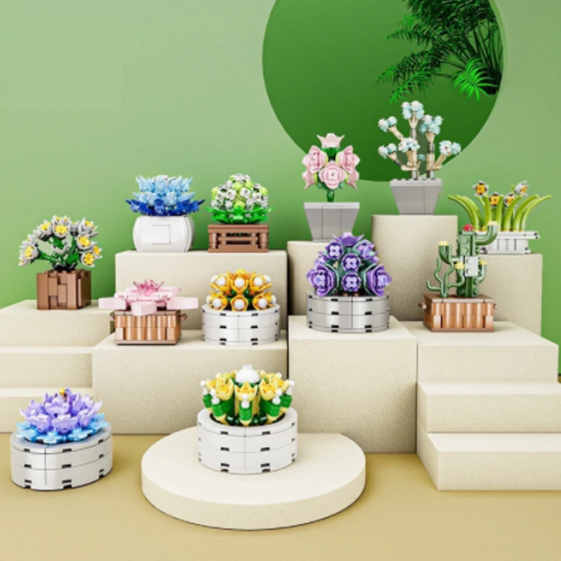 

XJ10974-75 Succulent Plant Simulation Flower Potted Indoor Decoration Assembled Building Block Toy Gift for Girls