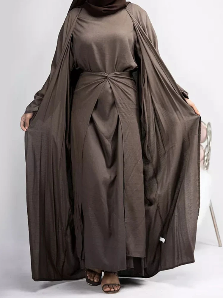 3 Piece Abaya Kimono Matching Muslim Sets Linene Open Abayas for Women Dubai Turkey Hijab Dress + Wrap Skirt Islam Modest Outfit