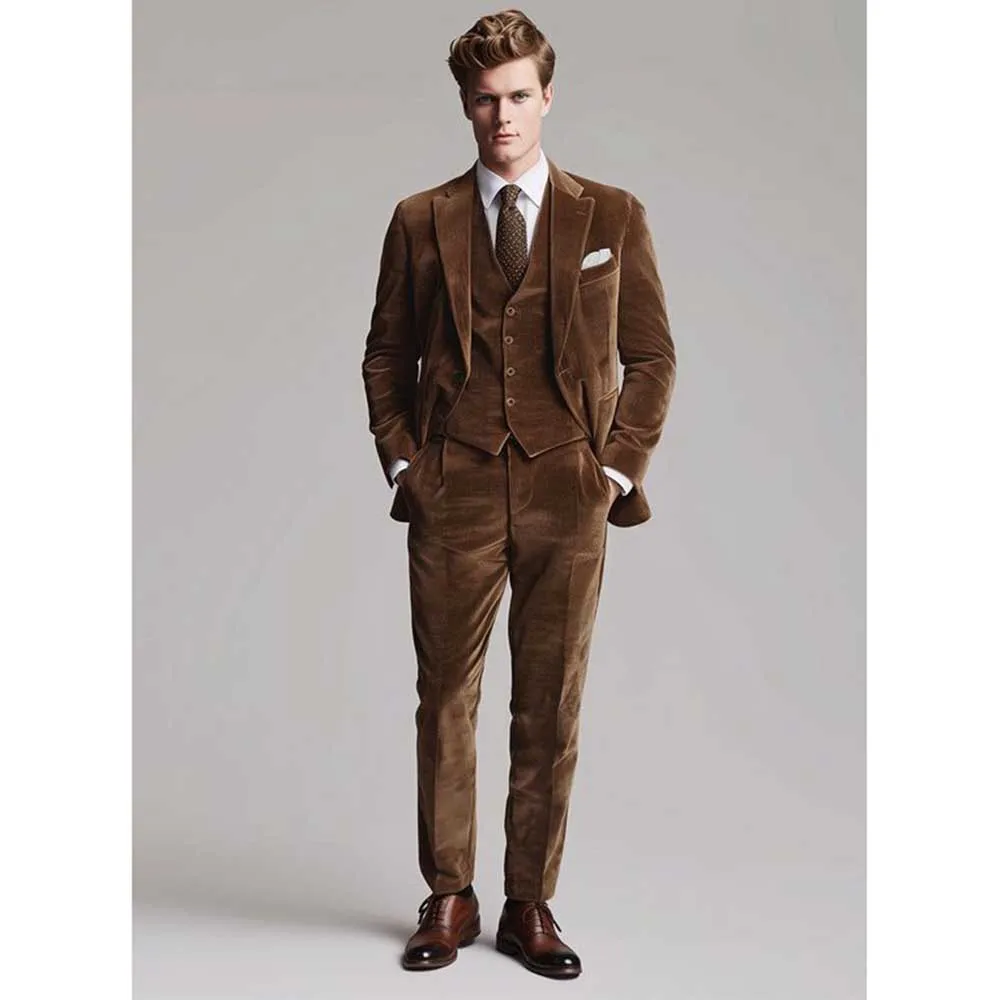 New Arrival Brown Velvet Men's Suits Single Breasted 3 Piece Jacket Pants Vest Male Clothing Chic Business Gentleman Blazer Sets