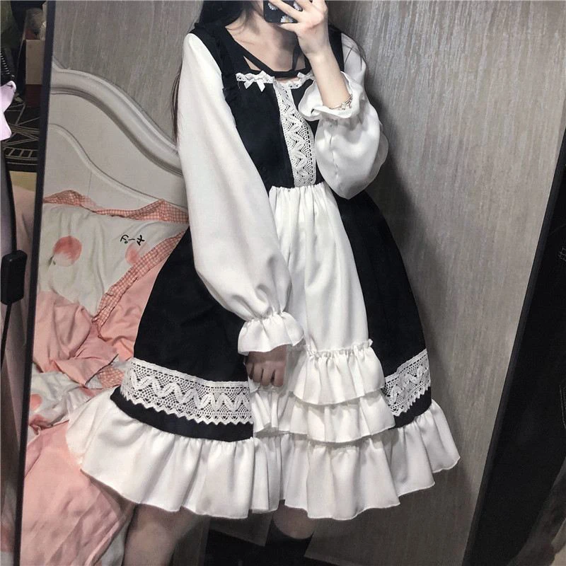 

Kawaii School Dress Long Sleeve Japanese Style Sweet Lolita Girl Hit Color Patchwork Casual Loose Long Sleeve Ruffles Clothes