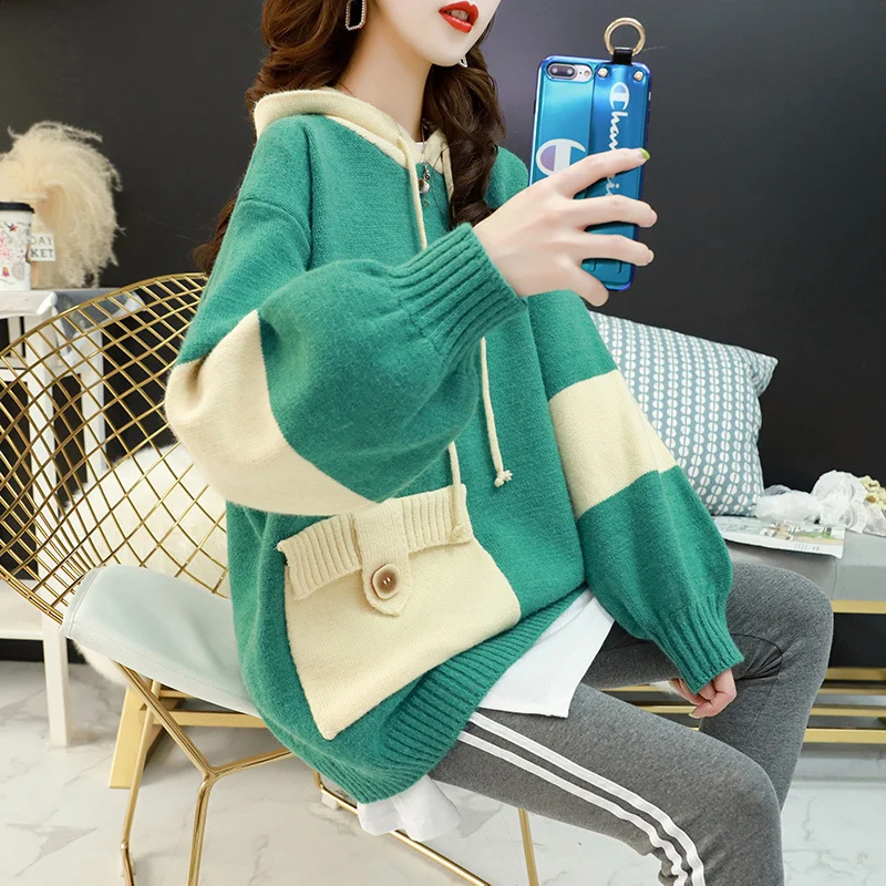 

Autumn 2022 Winter Patchwork Hooded Knitted Pullover Women Sweater Fashion Loose Short Big Pocket Long Sleeve Knit Tops Female