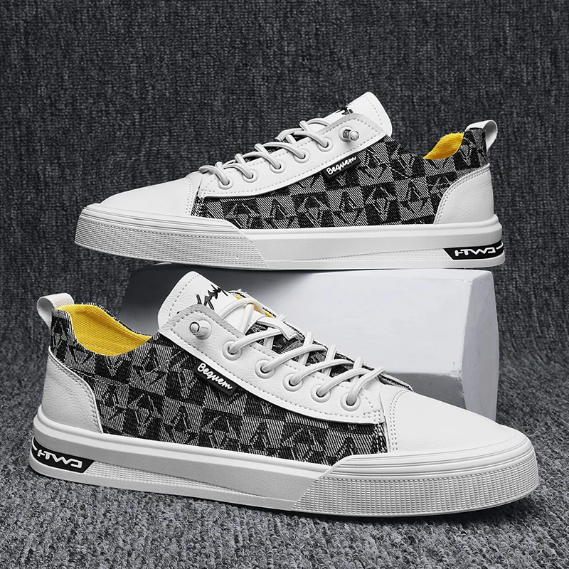 

Men Vulcanized Sneakers Men Versatile Shoes Stylish Slip on Flat Board Shoes Men's Lace-up Low Top Teenager Leather Casual Shoes