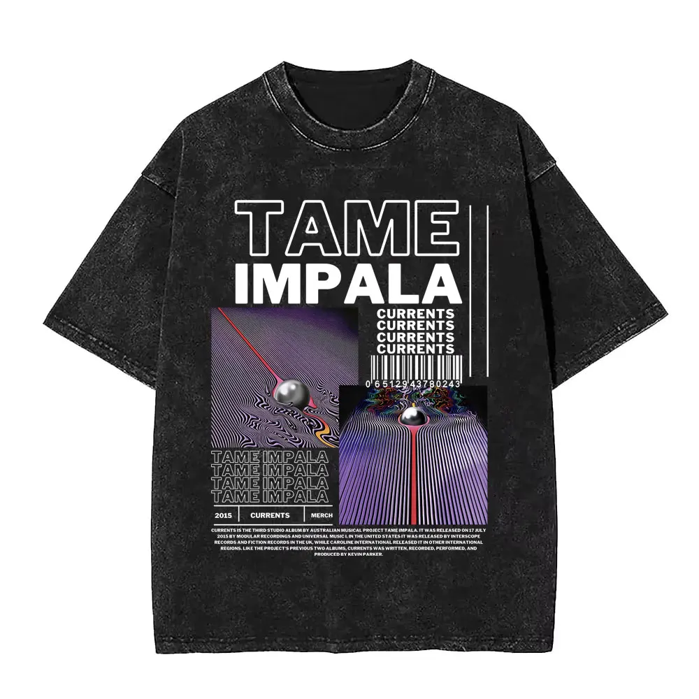Фото VintageWashed Pop Rock Band Tame Impala Currents футболки с графическим принтом для мужчин и женщин повседневная хлопковая футболка большого размера с коротким рукавом №1