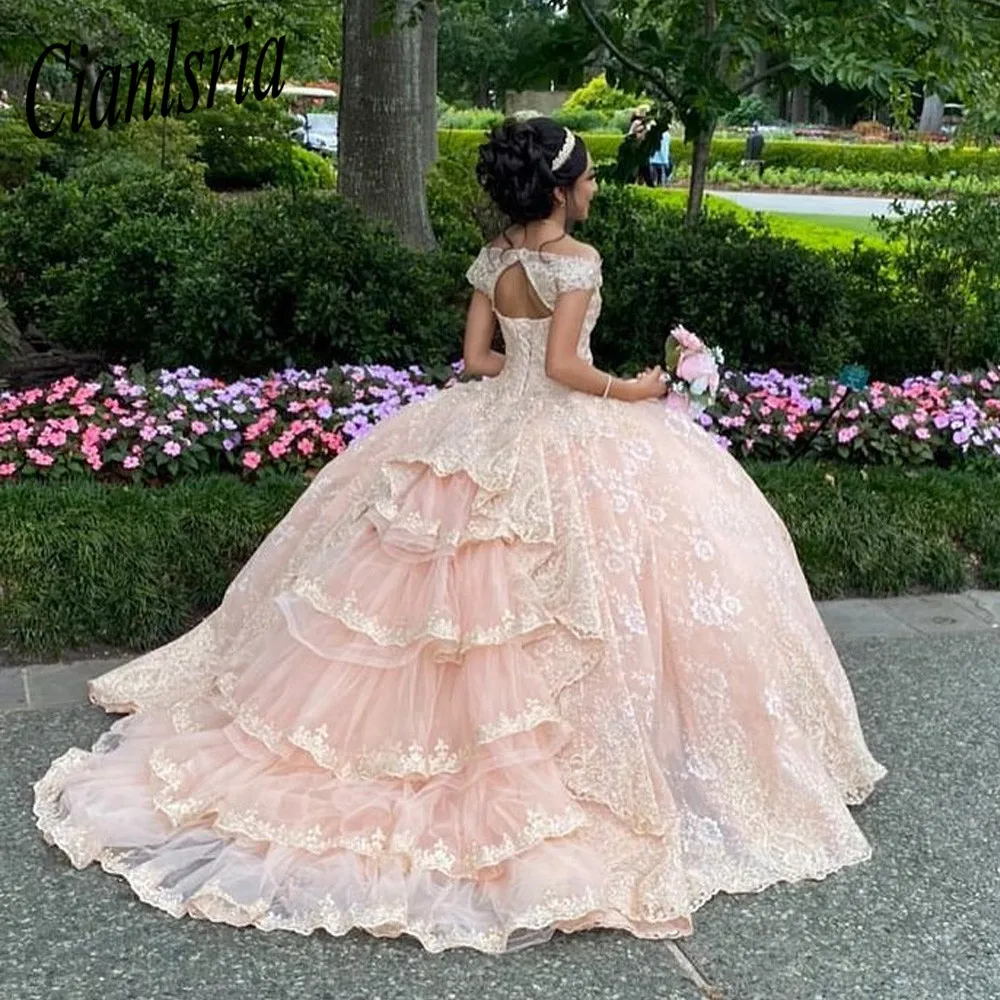 

Quinceanera Dresses Sweet 16 Ball Gown Princess Party Off The Shoulder Appliques 3D Flowers Vestidos De 15 Años