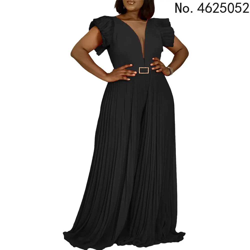 

African Women Long Wide Legs Jumpsuits Dashiki Short Sleeve Christmas Black Party Wear Celebrate Pleated Rompers Overalls