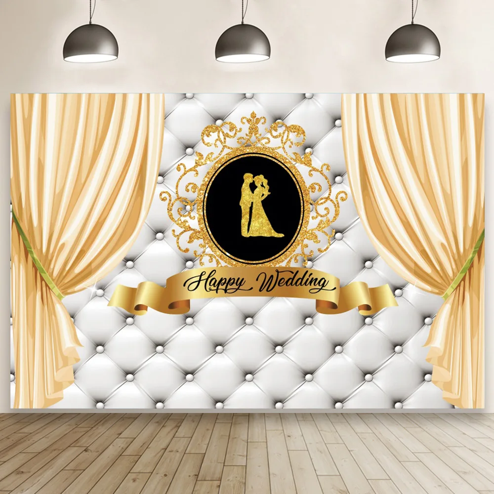 

Ceremony Celebration Golden Backdrop Happy Wedding Romantic Party Decoration Cake Photo Background Studio Booth Poster Prop