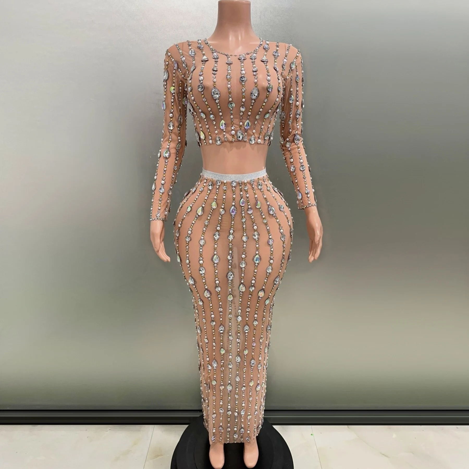 Блестящий женский сексуальный прозрачный топ юбка-футляр комплект из двух