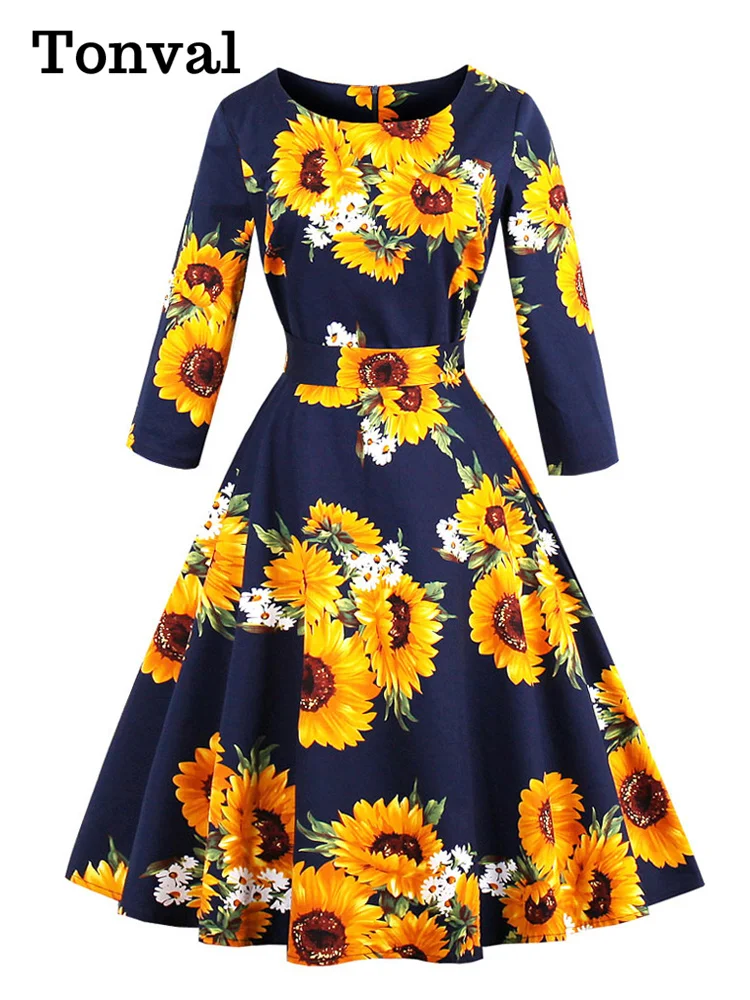 Tonval Yellow Sunflower A Line Vintage Cotton Dress Spring Autumn 3/4 Length Sleeve Women Elegant 1950s Floral Dresses