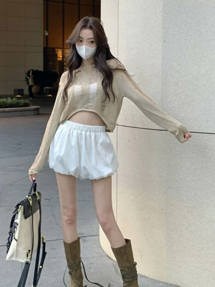 Женские вязаные кардиганы Woherb Y2K с дырками однотонные милые укороченные джемперы