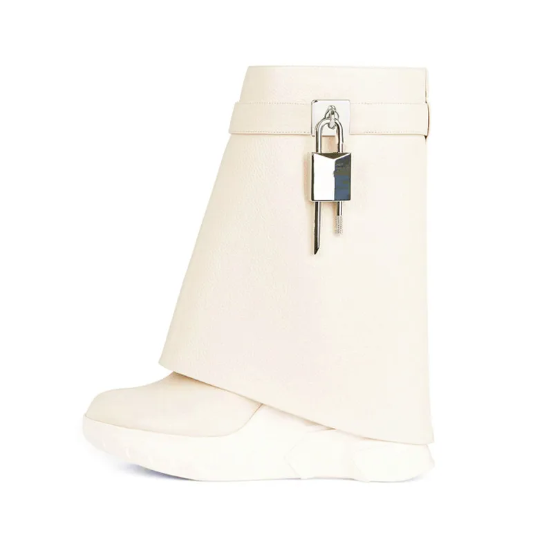 European and American New Thick Soled Leather Boots Women's Slope Heel High Heel Round Head High Shark Boots Knee High Boots