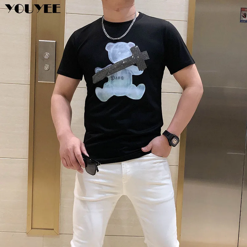 

Men's Personaliz Printing T-shirt Hot Diamond Bear Cross O-neck Male Slim Short Sleeve Tees 2022 Summer New Brand Fashion M-4XL