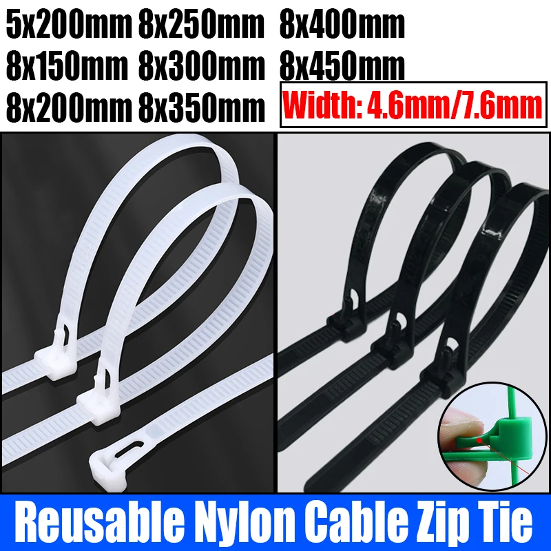 

100PCS White/Black Reusable Plastic Nylon Cable Zip Tie Releasable Fixed Binding Disassembly Reuse May Loose Slipknot Cable Tie