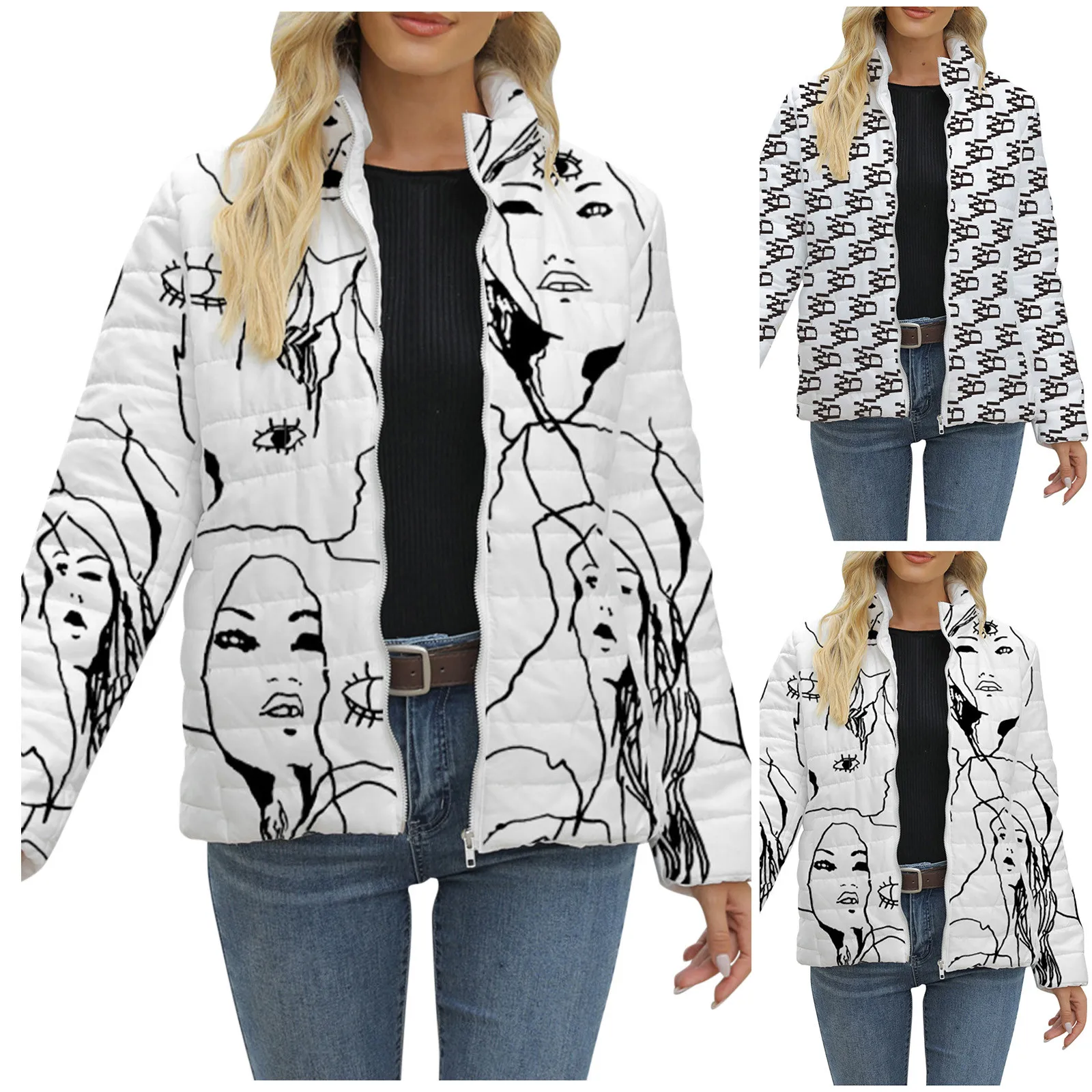 

Women's Warm Overcoat Thickened Classic Abstract Portraits Printed Stand Collar Short Winter Snow Coat Winter coat for women