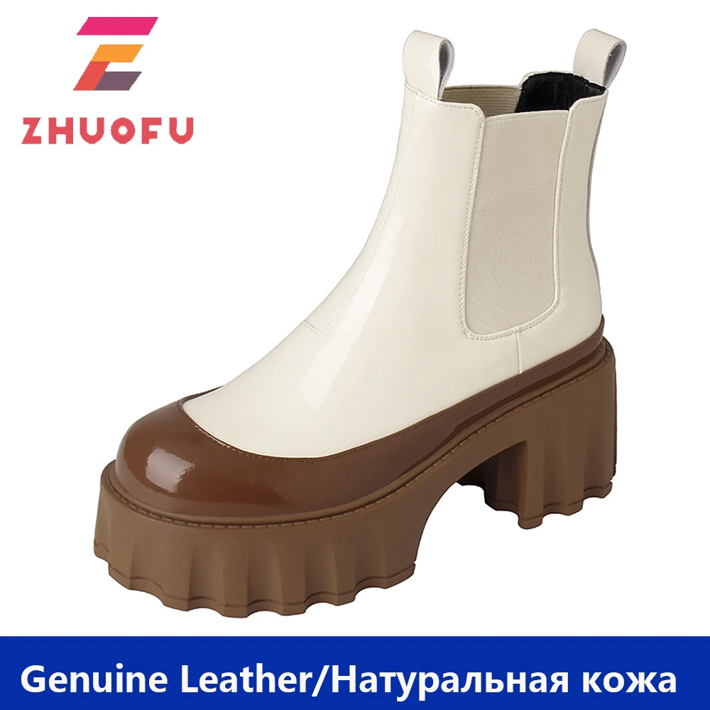 

ZHUOFU 2023 New Arrive Genuine Leather Chelsea Ankle Boots Thick High 7cm Heels Dress Platform Shoes Winter Women Boots