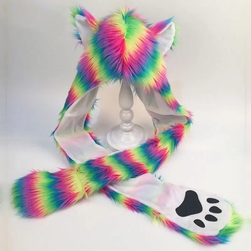 Новый стиль 3 в 1 для женщин и девочек Радуга пушистые плюшевые волчьи уши шапка с