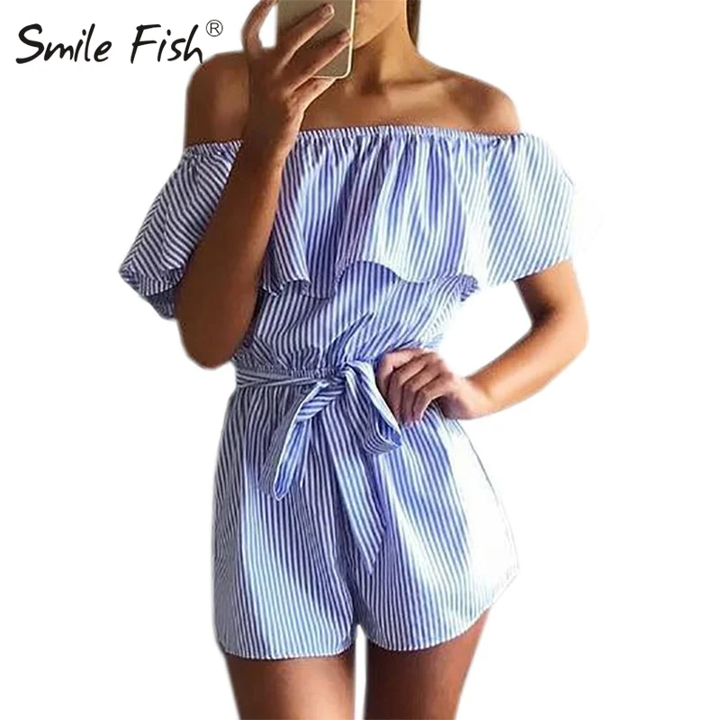 

Ruffles Slash Shoulder Beach Playsuits Summer Women Striped Jumpsuits Girls Sexy Casual Rompers with Belts Femininos GV571